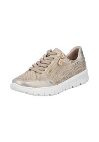 Baskets de sport beiges avec dessus en cuir texturé, fermetures à lacets et zip latéral. Semelle en caoutchouc blanc avec stries. Design à motifs sur les côtés.