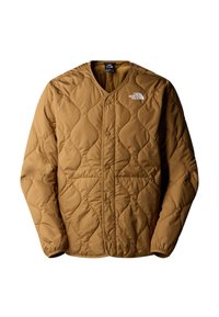 Veste matelassée marron avec boutons-pression et logo The North Face sur la poitrine, avec un col rond et des manches longues.