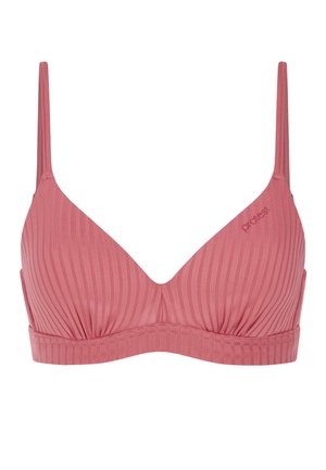 Rosa gerippte Bralette mit dünnen verstellbaren Trägern und einem gerafften Design in der Mitte. Hergestellt aus einem glatten, dehnbaren Stoff.