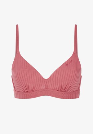 Bralette rosa a costine con sottili spalline regolabili e un design arricciato al centro. Realizzato in un tessuto liscio e elasticizzato.