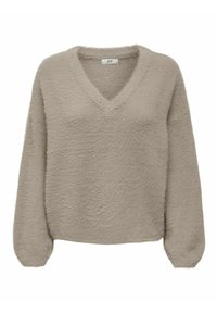 V-hals sweater in licht taupe, gemaakt van fuzzy, gestructureerd materiaal. Beschikt over lange mouwen met iets taps toelopende boorden.