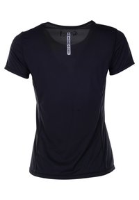 Black athletic t-shirt made of breathable fabric, featuring short sleeves, a rounded neck, and a label at the back with "SWEDEMOUNT."