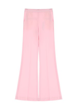 Pantaloni larghi rosa realizzati in tessuto leggero, con una texture liscia, due tasche laterali e una chiusura con zip sul retro.