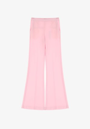 Pantaloni larghi rosa realizzati in tessuto leggero, con una texture liscia, due tasche laterali e una chiusura con zip sul retro.