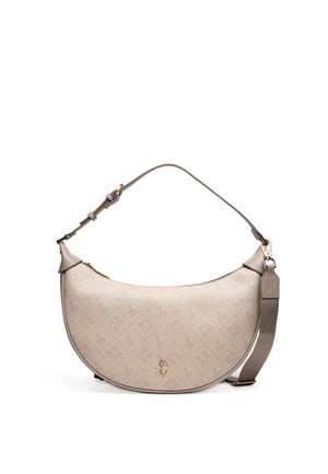 Beige faux læder skuldertaske med en buet form, præget mønster, guldfarvede metaldele og en aftagelig skulderrem.