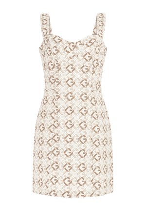 Mouwloze beige mini-jurk met vierkante halslijn, getailleerde taille en een all-over geometrisch patroon in tinten bruin en crèmekleur.