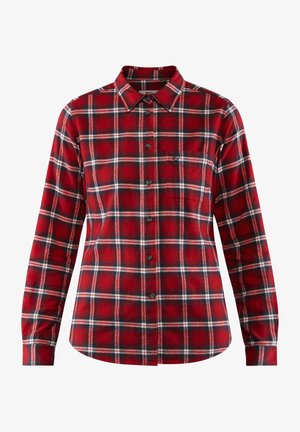 Red plaid flannel shirt with long sleeves, buttoned front, and collar. Features white and blue accents in a checkered pattern.
