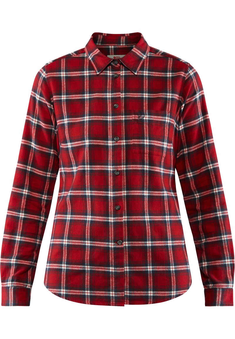 Rode geruite flanellen blouse met lange mouwen, knoopsluiting aan de voorkant en kraag. Bevat witte en blauwe accenten in een geruit patroon.