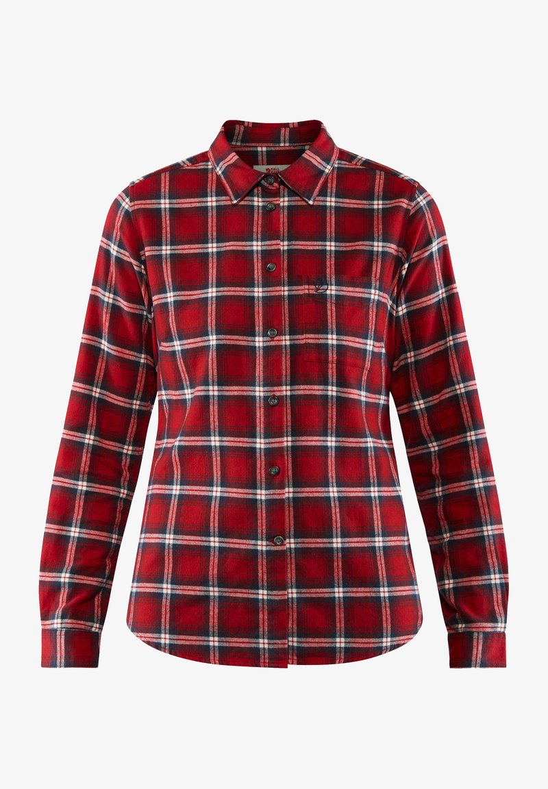Red plaid flannel shirt with long sleeves, buttoned front, and collar. Features white and blue accents in a checkered pattern.