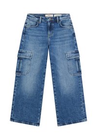 Blauwe wijde denim cargobroek met oversized pasvorm, knoopsluiting aan de voorkant, riemlussen, zijzakken met kleppen en vervaagde waseffecten.