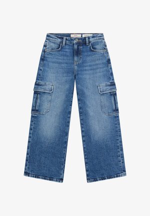Blaue Cargo-Denim-Hose mit weitem Bein und übergroßem Schnitt, Vorderknöpfen, Gürtelschlaufen, seitlichen Klappentaschen und ausgewaschenen Details.