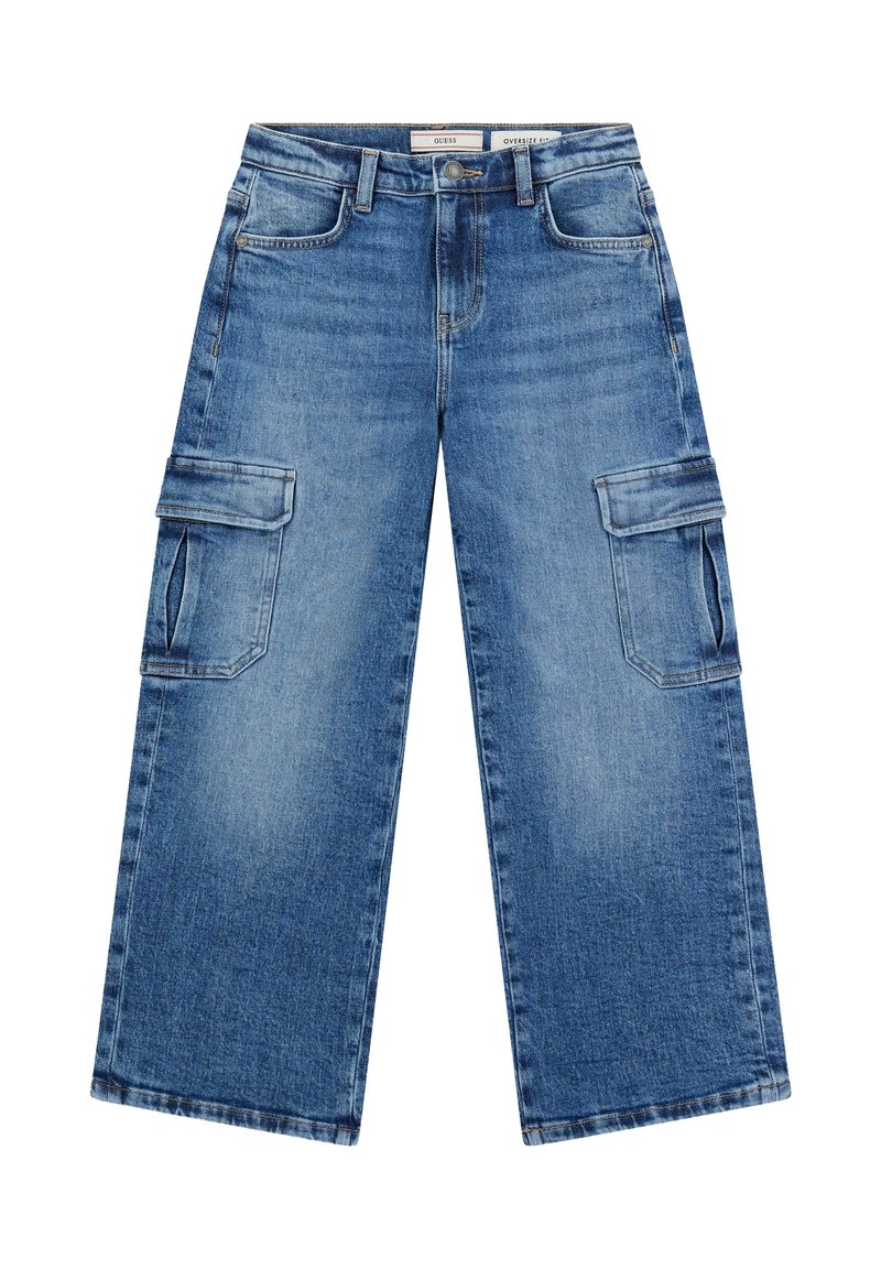 Blauwe wijde denim cargobroek met oversized pasvorm, knoopsluiting aan de voorkant, riemlussen, zijzakken met kleppen en vervaagde waseffecten.