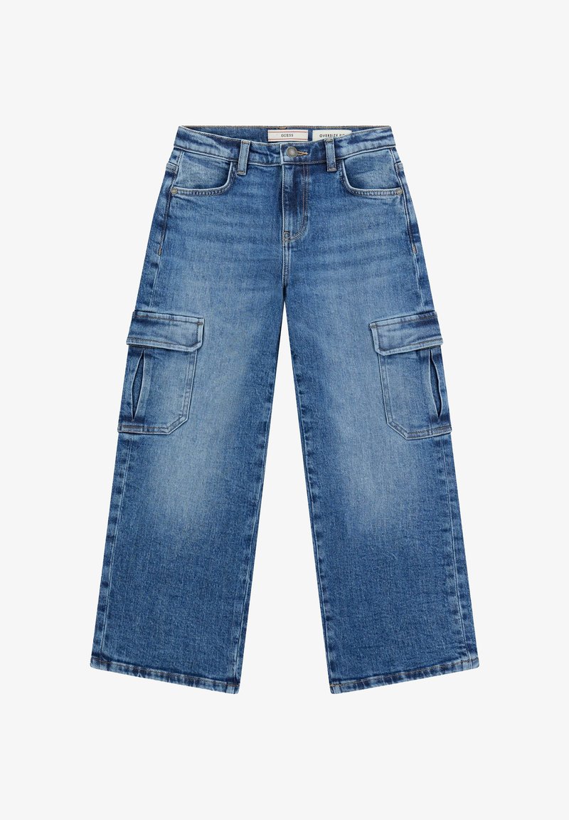 Blauwe wijde denim cargobroek met oversized pasvorm, knoopsluiting aan de voorkant, riemlussen, zijzakken met kleppen en vervaagde waseffecten.