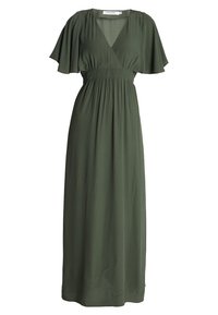 Olivově zelené maxi šaty z hladkého materiálu, s hlubokým výstřihem do V, volány a elastickým pasem pro pohodlí.
