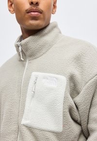 Άνδρας που φοράει ανοιχτό γκρι fleece μπουφάν με ψηλό γιακά και τσεπάκι στο στήθος με φερμουάρ, επωνυμίας The North Face.