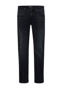 Donker indigo denim jeans met een rechte pasvorm, vijf zakken, subtiele vervaging en een sluiting met een knoop aan de voorkant. Eenvoudig ontwerp, zonder versieringen.