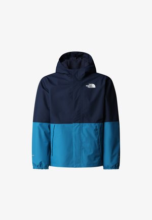 Vodootporna jakna tamnoplave boje s kapuljačom, elastičnim manšetama i logotipom The North Face na gornjem lijevom dijelu. Glatka tekstura, moderan kroj.