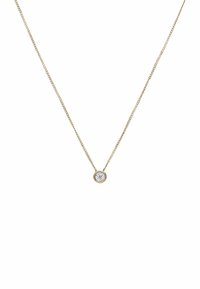 Gouden ketting met een ronde hanger met een enkele ronde edelsteen in het midden. Eenvoudig ontwerp met een gladde textuur.