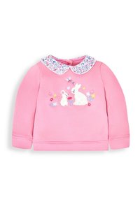 Różowy sweter z długimi rękawami i kwiatowym kołnierzykiem. Z przodu haftowane króliki i kwiaty. Wykonany z miękkiego bawełnianego materiału.