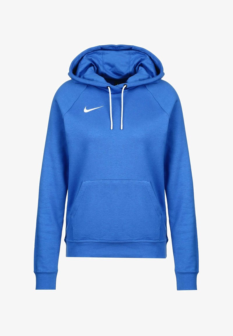 Sweat à capuche Nike bleu avec cordons blancs, manches longues, poche kangourou à l'avant et logo Nike swoosh blanc sur la poitrine.