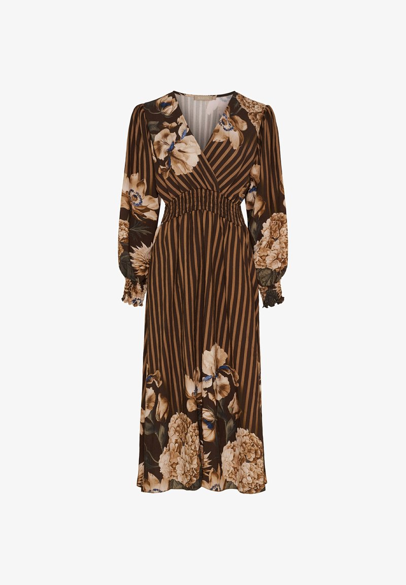 Brun blomster midi kjole med lodrette striber, der har lange ærmer, smocked talje og V-udskæring. Pyntet med store blomstermønstre.