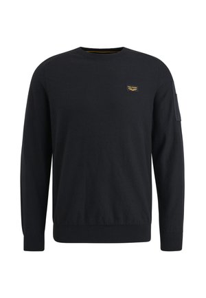 Zwart gebreid sweater met een ronde hals, lange mouwen en een zijzak. Voorzien van een klein logo op de borst. Zachte textuur.