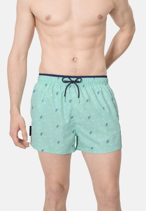 Torsó masculino con bañador corto verde claro con un pequeño patrón de bicicletas azul oscuro y cordón negro, de pie sobre un fondo blanco.