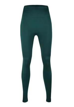 Grüne, knöchellange Leggings mit einem breiten, gerippten Bund. Hergestellt aus dehnbarem, glattem Material, bieten sie eine enganliegende Silhouette ohne sichtbare Nähte.
