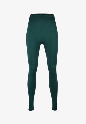 Grüne, knöchellange Leggings mit einem breiten, gerippten Bund. Hergestellt aus dehnbarem, glattem Material, bieten sie eine enganliegende Silhouette ohne sichtbare Nähte.
