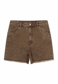 Pantalones cortos de denim marrón con una cintura alta, cinco bolsillos y dobladillo deshilachado. La tela tiene una textura sutil y un ligero brillo.