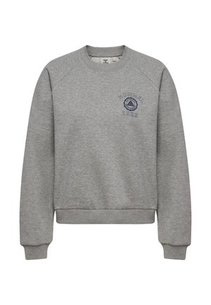 Hellgrauer Langarm-Sweatshirt mit Rundhalsausschnitt, gerippten Bündchen und Saum, mit kleinem marineblauem "Hummel 1923"-Logo auf der linken Brust.