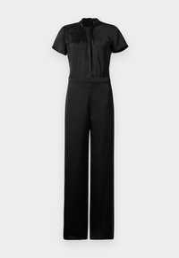 Black satin jumpsuit with short sleeves, high neckline with pleat detail, fitted waist, and wide-leg trousers.
