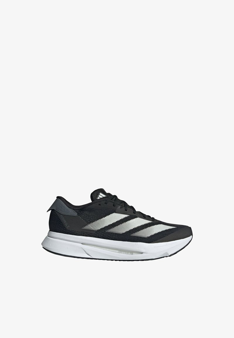Black athletic shoe with white striped accents, mesh and textile upper, cushioned sole, and a streamlined design. Lightweight construction.