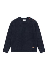 Marineblauer Rippstrickpullover mit langen Ärmeln, rundem Halsausschnitt, zwei braunen Knöpfen an der Schulter und einem kleinen beigen Markenlabel an der Seite.