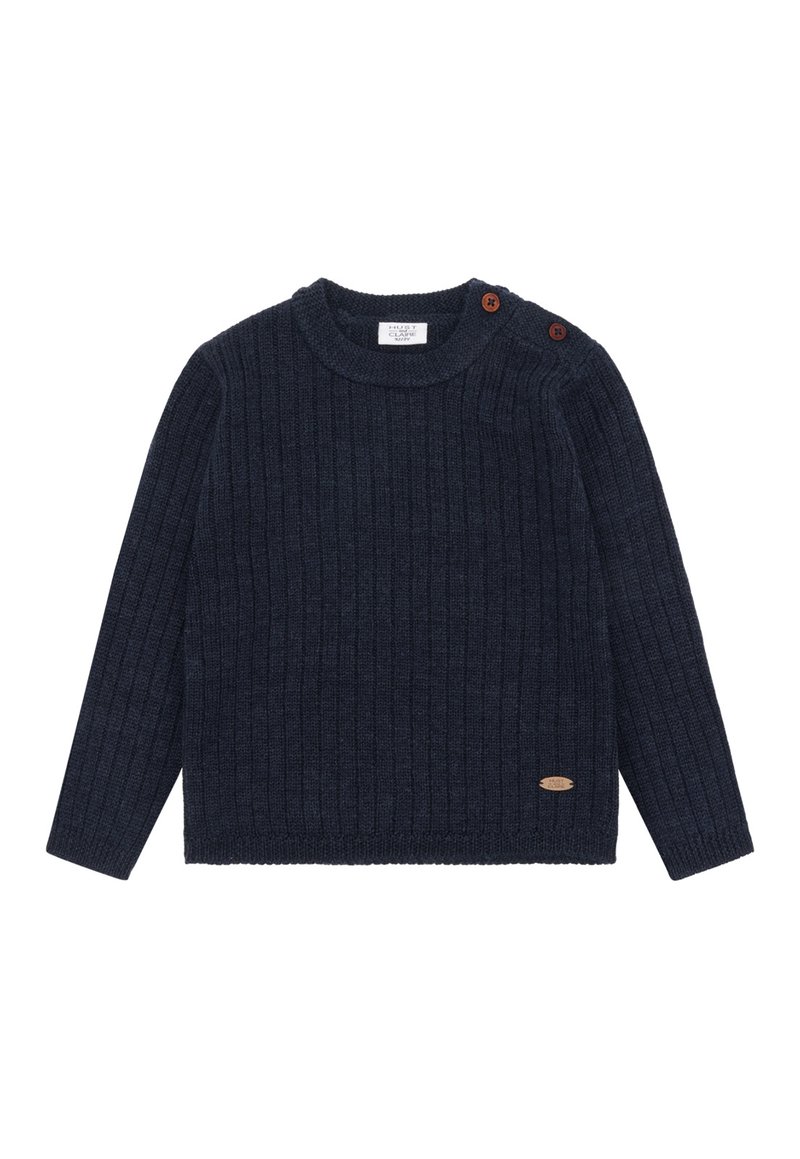 Marineblauer Rippstrickpullover mit langen Ärmeln, rundem Halsausschnitt, zwei braunen Knöpfen an der Schulter und einem kleinen beigen Markenlabel an der Seite.