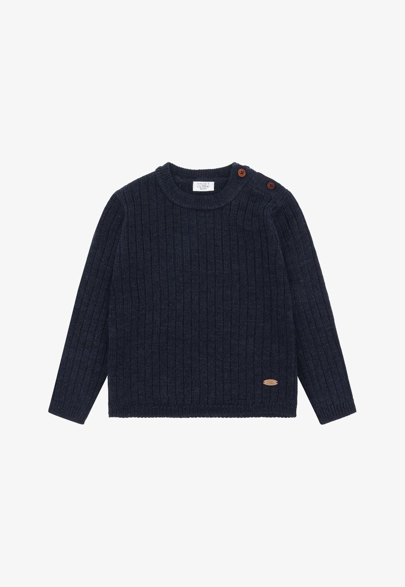 Marineblauer Rippstrickpullover mit langen Ärmeln, rundem Halsausschnitt, zwei braunen Knöpfen an der Schulter und einem kleinen beigen Markenlabel an der Seite.