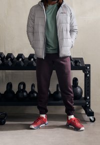 Graue Pufferjacke, grünes Shirt, kastanienbraune Jogginghose und rote Sportschuhe mit strukturiertem Design. Im Hintergrund sind Kurzhanteln und Kettlebells.