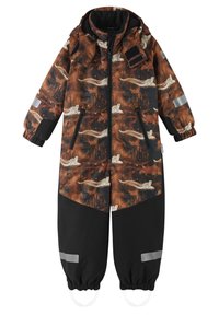 Färgglad brun och svart vattentät overall med djurmönster, framdragkedjor, elastiska ärmslut och reflexdetaljer för synlighet.
