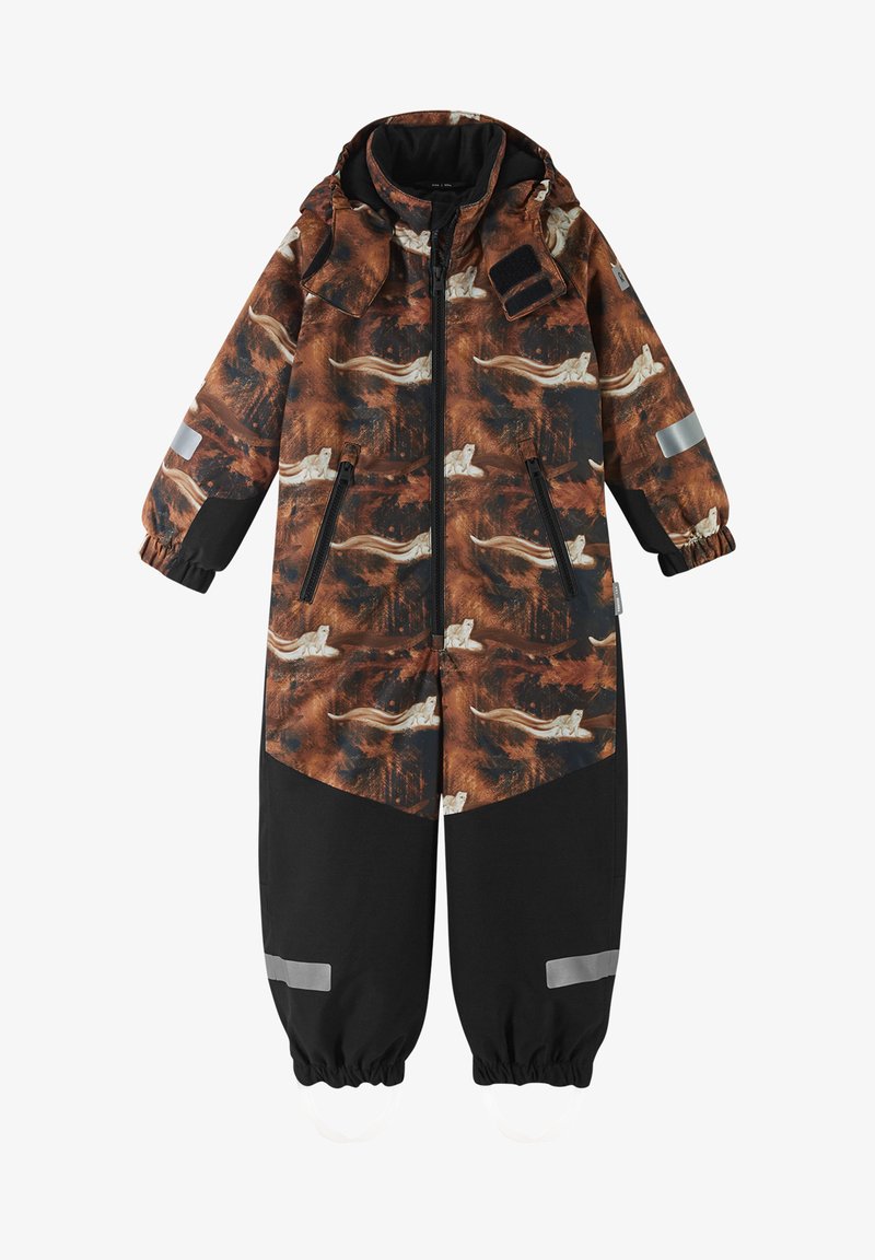 Kleurvolle waterproof overall in bruin en zwart met dierenpatronen, vooraan ritsen, elastische manchetten en reflecterende accenten voor zichtbaarheid.