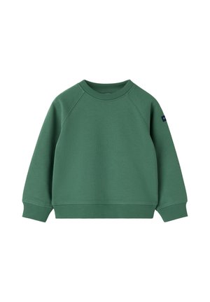 Grøn langærmet crew neck sweatshirt med ribkant ved ærmer og kant, ensfarvet front og lille patch på venstre ærme.