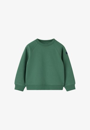 Grøn langærmet crew neck sweatshirt med ribkant ved ærmer og kant, ensfarvet front og lille patch på venstre ærme.