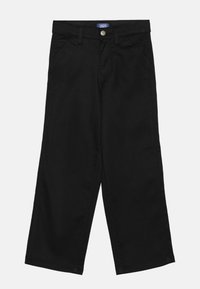 Sorte vidde bukser laget av kraftig stoff, med knapp- og glidelås lukking, fem lommers design og subtile sømdetaljer.