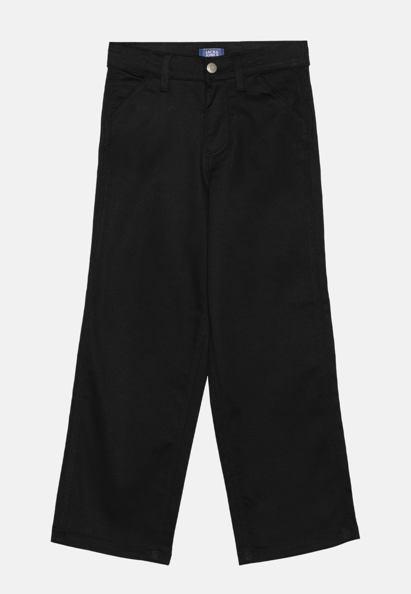 Sorte vidde bukser laget av kraftig stoff, med knapp- og glidelås lukking, fem lommers design og subtile sømdetaljer.