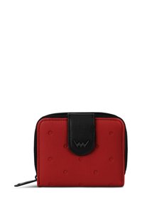 Red leather wallet with black textured flap and zipper, featuring embossed dots on the front and logo detail on the flap.