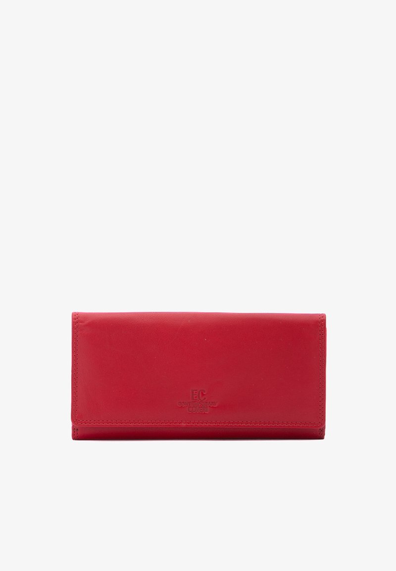 Portefeuille en cuir rouge avec une texture lisse, de forme rectangulaire, logo en relief sur le devant et coutures propres le long des bords.