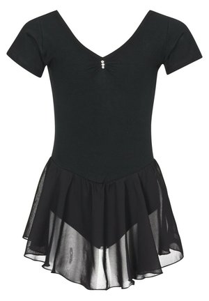 Schwarzes Tanzkleid mit kurzen Ärmeln, V-Ausschnitt, gerafftem Detail mit drei dekorativen Knöpfen und einem transparenten Rocküberzug.