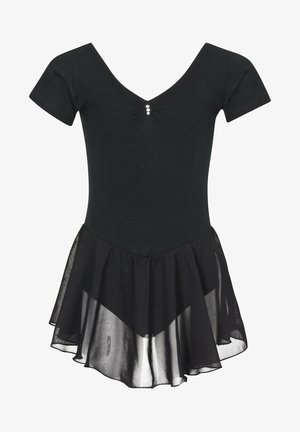 Black leotard with short sleeves, V-neck, and gathered detail at the front. Attached sheer skirt with layered hemline adds elegance.