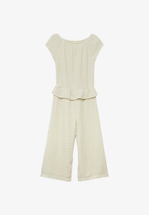 Kreemivärviline tekstuuriga kootud kombekas lühikeste varrukatega, elastse kaelusega, peplum-vöökohaga ja laia säärega lühendatud pükstega.