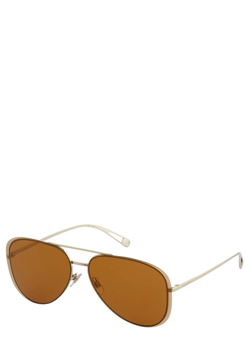 Aviator-Sonnenbrille mit braunen Gläsern, dünnem metallischen goldenen Rahmen und gebogenen Bügeln. Bietet ein minimalistisches Design ohne sichtbare Muster.