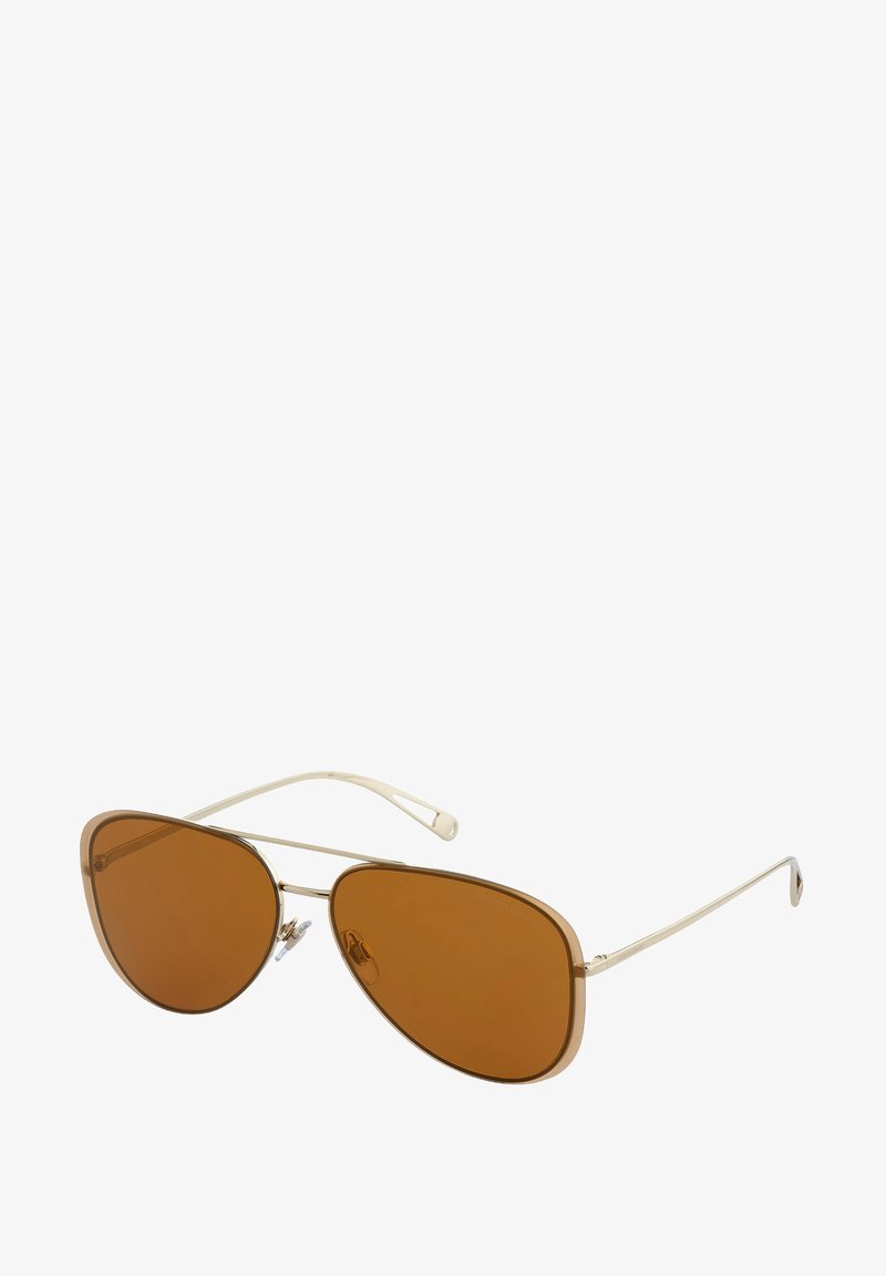 Aviator-Sonnenbrille mit braunen Gläsern, dünnem metallischen goldenen Rahmen und gebogenen Bügeln. Bietet ein minimalistisches Design ohne sichtbare Muster.